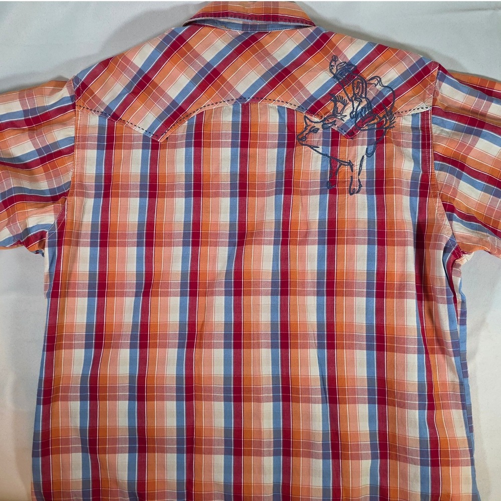 Express Rider XL Western Shirt Orange Plaid Pearl Snap Embroidered Bull Rider - Picture 3 of 9